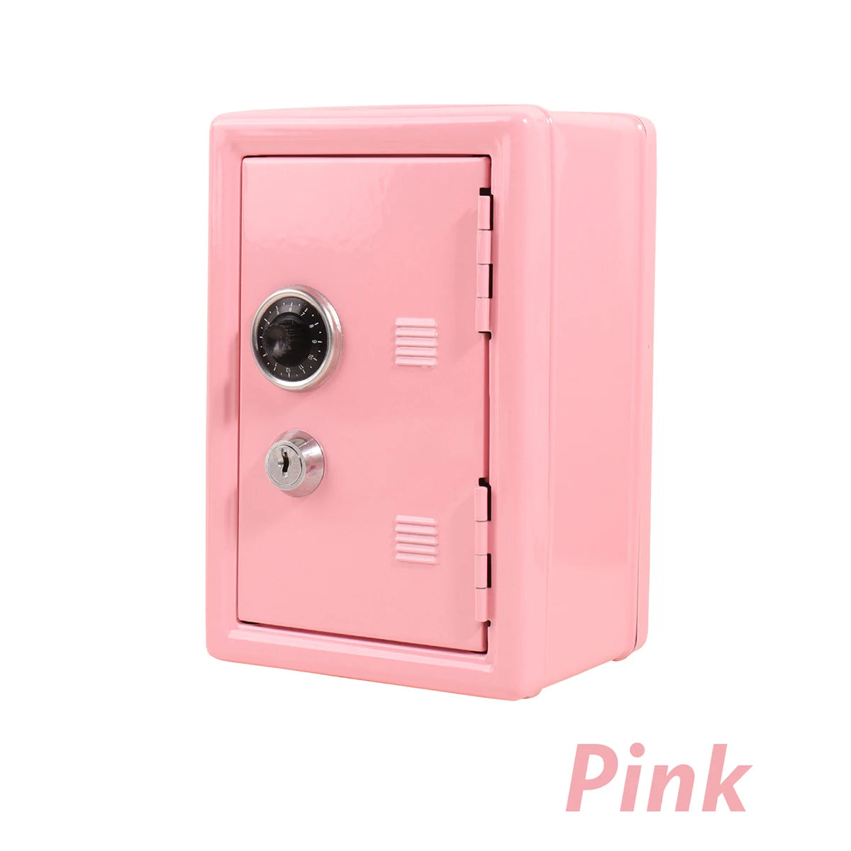 A pink vintage metal piggy bank with a combination lock and key.