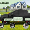 Installation steps showing how to fit a black waterproof car cover over a vehicle.