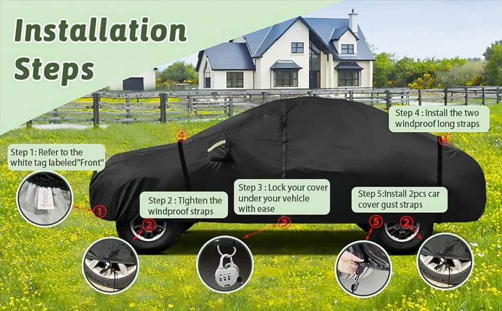 Installation steps showing how to fit a black waterproof car cover over a vehicle.