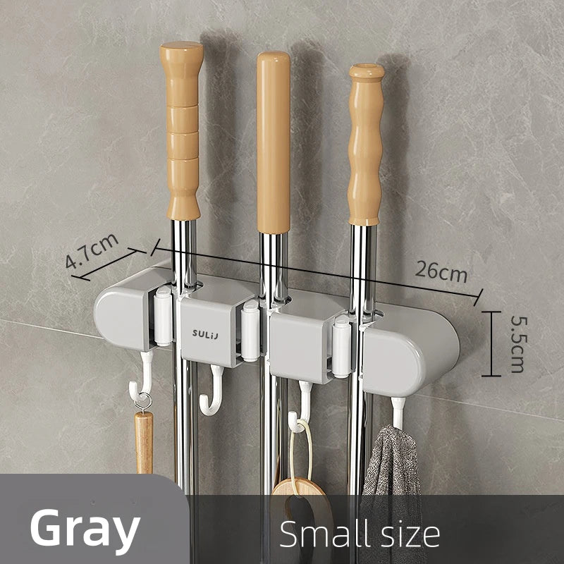 Wall-Mounted Mop and Broom Holder with Adhesive Mount