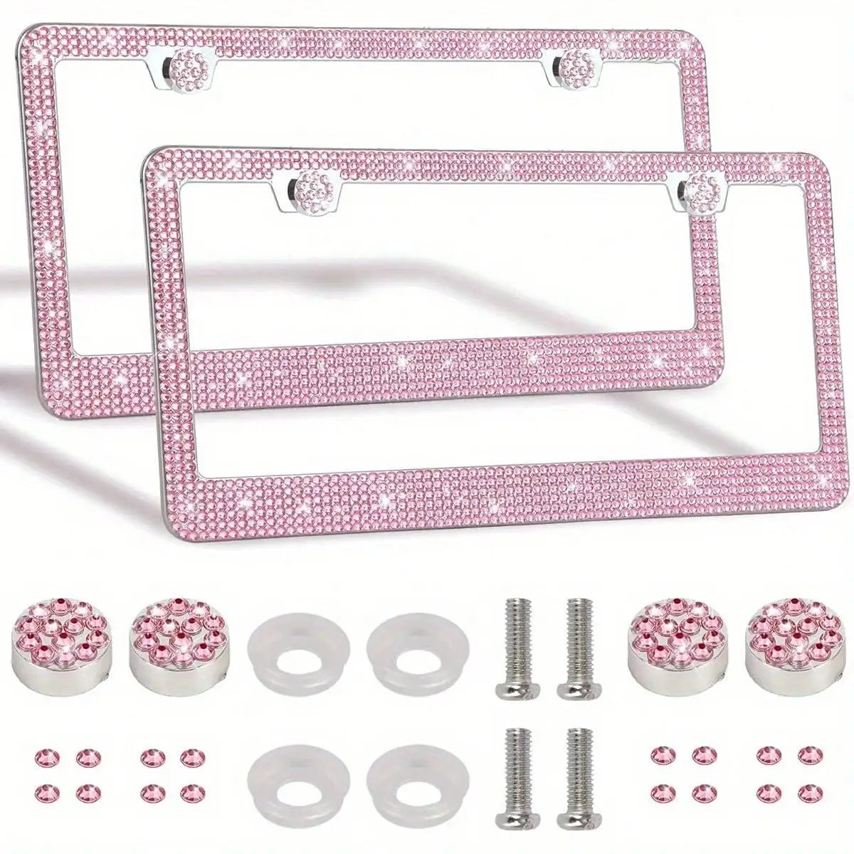 Crystal Rhinestone License Plate Frame with Screw Caps
