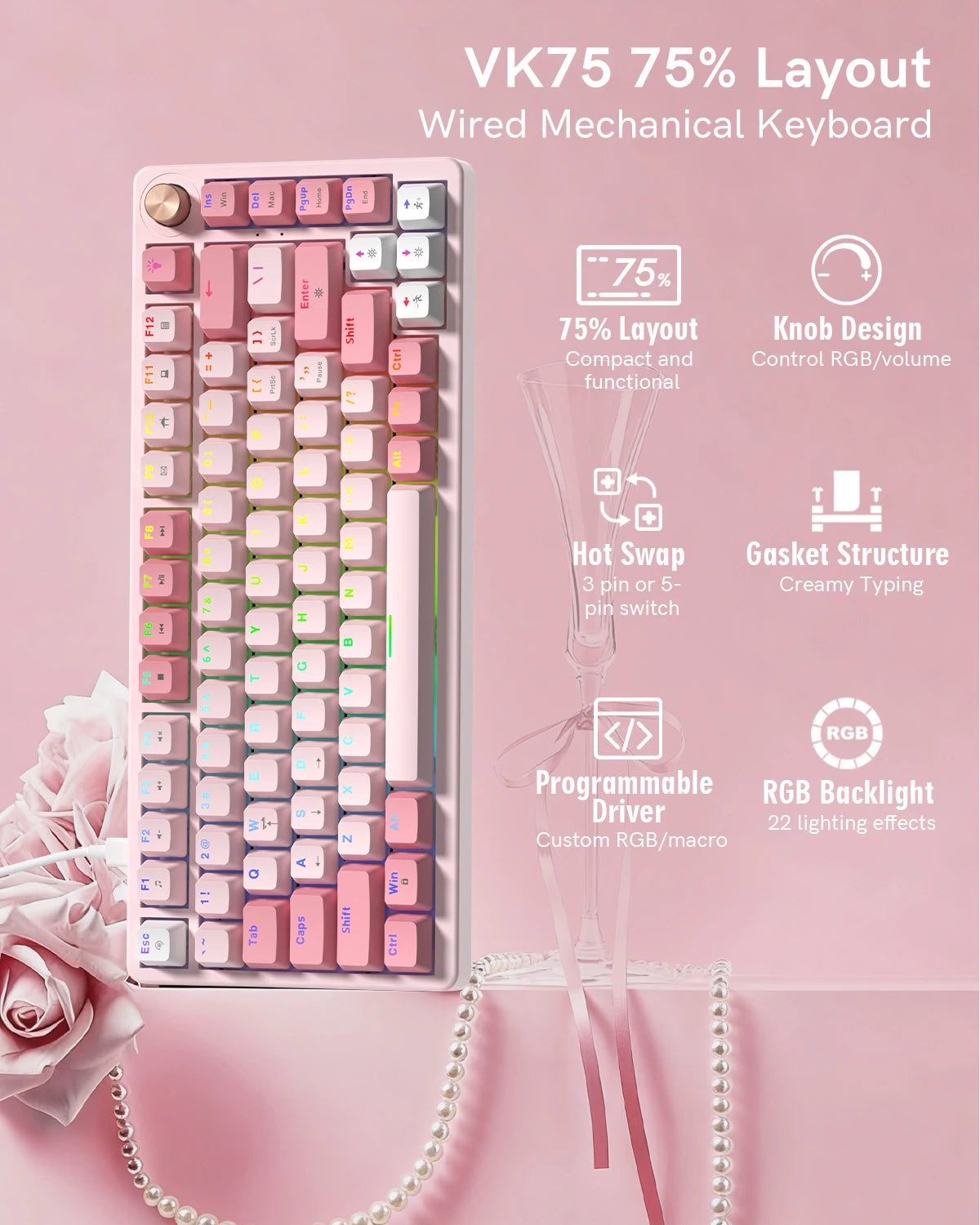 VK75 Wired Mechanical Gaming Keyboard with Hot-Swap Switches and Control Knob