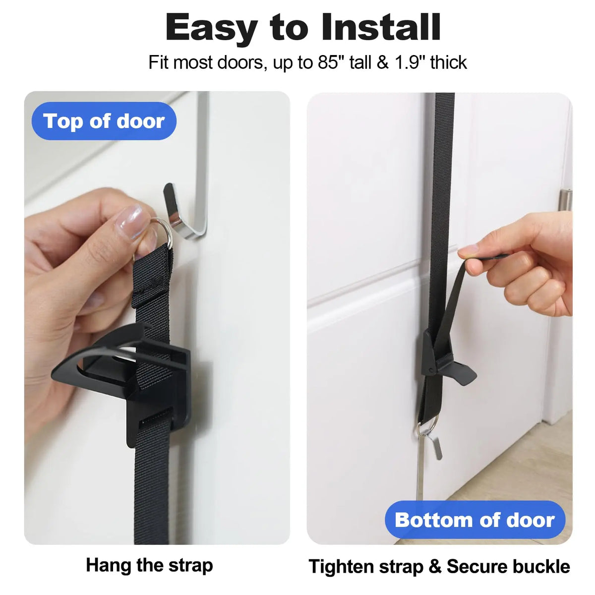 Demonstration of hanging and securing an over-the-door hat organizer strap on a white door.