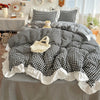 Red and Black Plaid Duvet Cover Set with Lace Embroidery