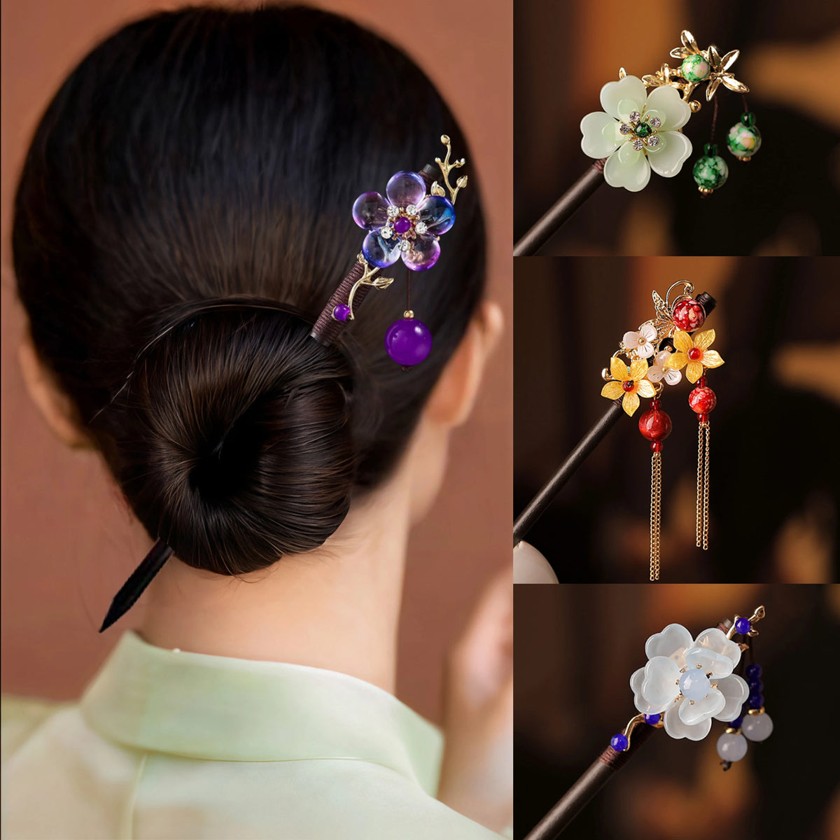 Handcrafted Wooden Hairpin with Flower Tassel
