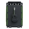 A black guitar fretboard cleaning kit featuring a metal tool and green microfiber cloth.