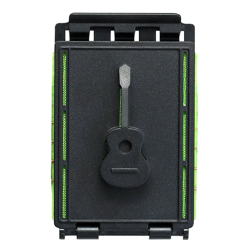 A black guitar fretboard cleaning kit featuring a metal tool and green microfiber cloth.