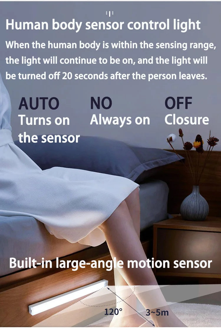 A close-up view of a built-in large-angle motion sensor light illuminating the legs of a person.