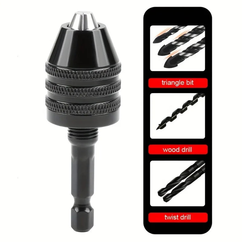 A black quick-change hex shank drill chuck with a round handle shown alongside various bits.