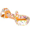A colorful 3-in-1 kids ball pit play tent with a crawl tunnel, featuring yellow and pink plastic components.