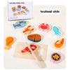 A set of wooden pretend play cutting fruit and vegetable toys, including various food shapes like watermelon slices and citru