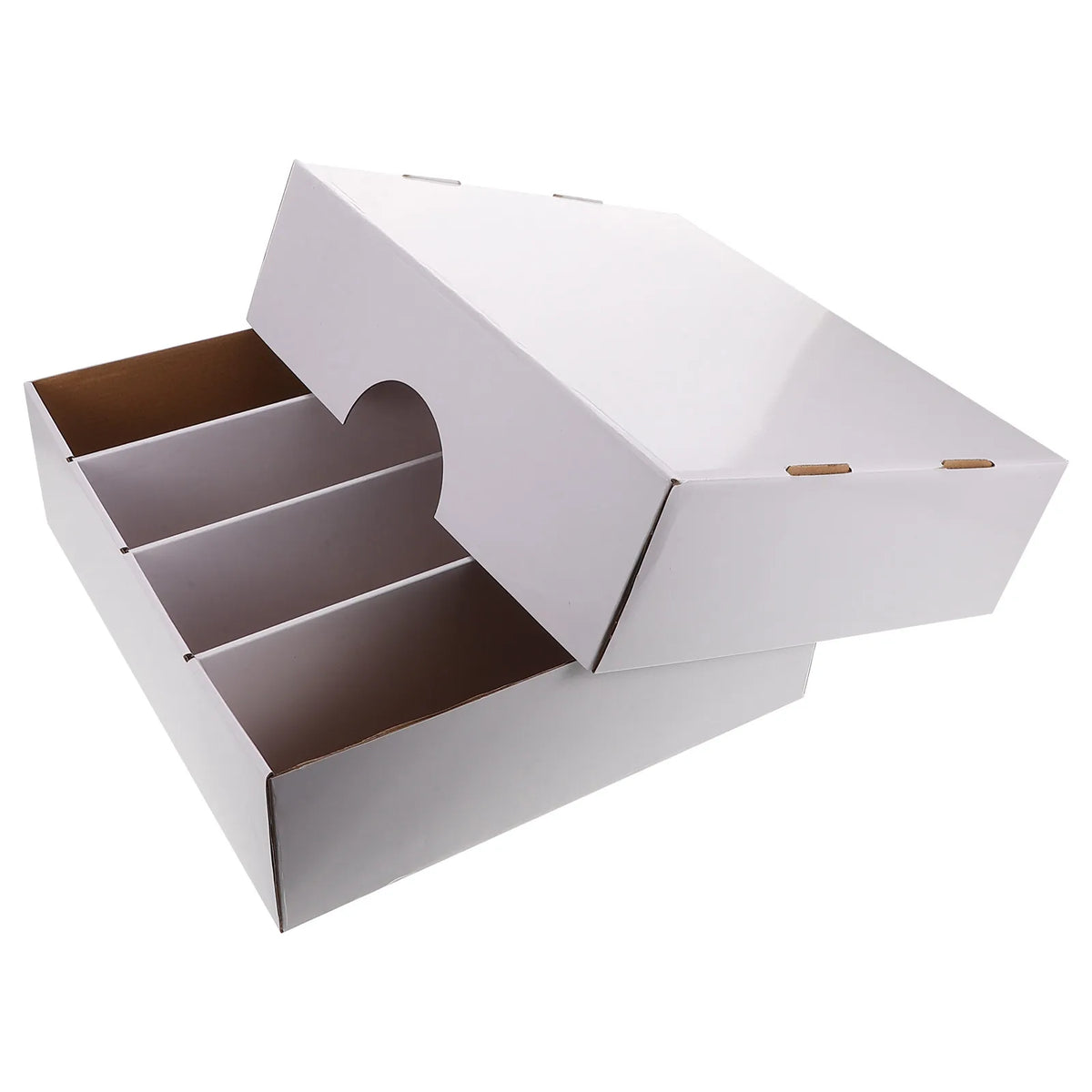 A white foldable trading card storage box with a lid open, showing interior compartments.