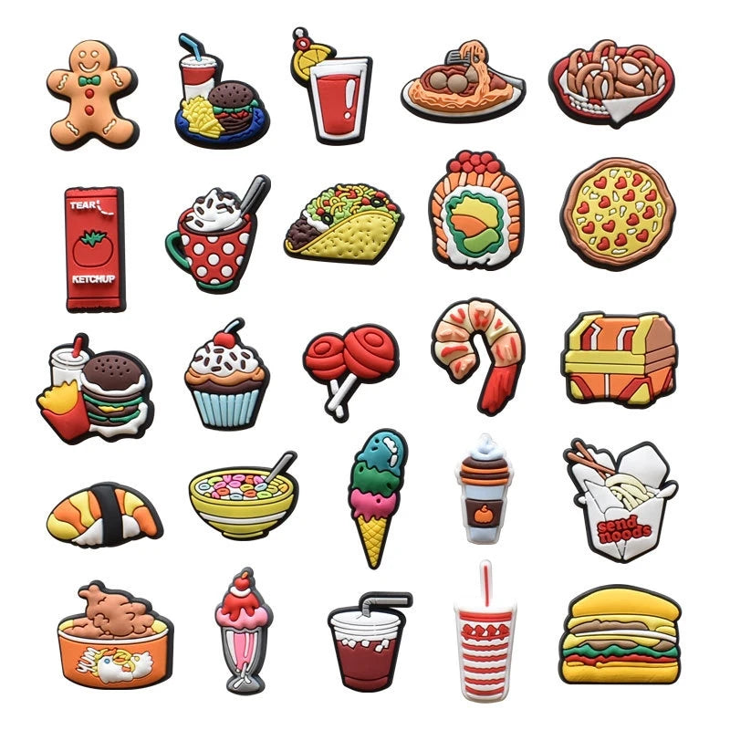 A collection of fun PVC pins and charms featuring various food items like donuts, pizza, ice cream, and hamburgers.