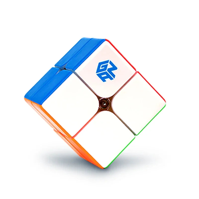 A stickerless GAN 251 M Pro magnetic speed cube shown from an angle with blue, white, and orange faces.