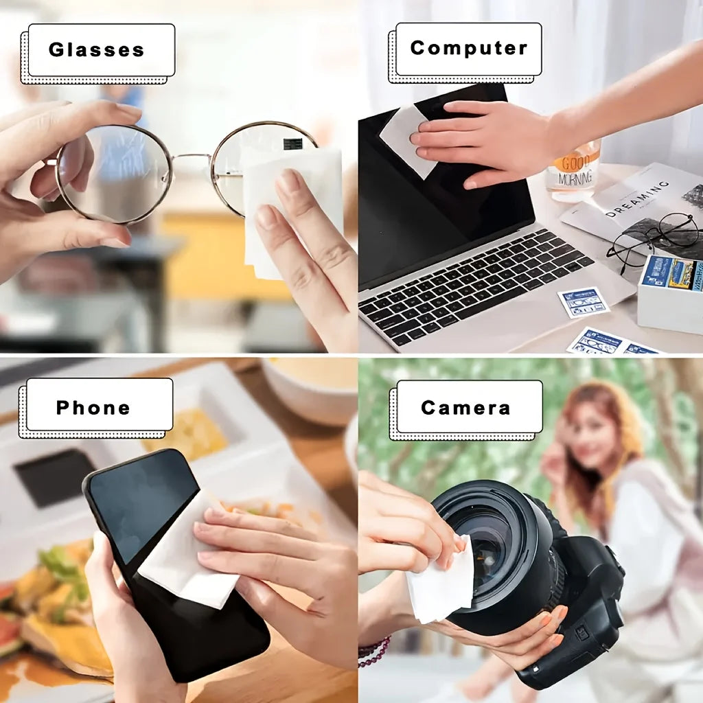A collage showing hands cleaning various electronic devices and glasses with disposable wipes.