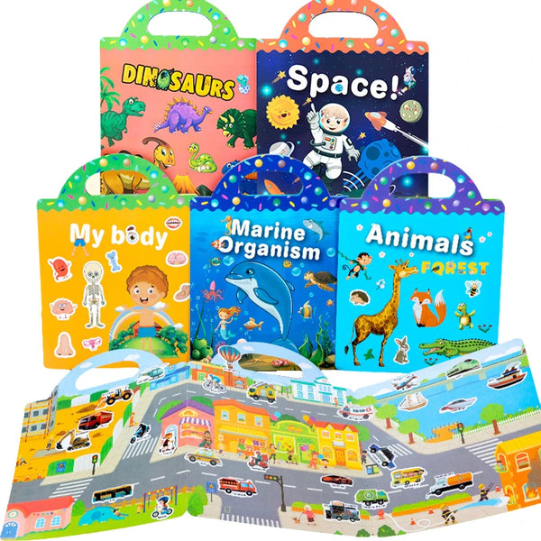 Un ensemble de livres d'autocollants colorés et réutilisables avec des dinosaures, de l'espace, des organismes marins et des 
