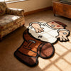 A playful cartoon carpet featuring a character design on a light beige rug on a wooden floor.