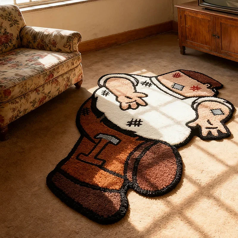 A playful cartoon carpet featuring a character design on a light beige rug on a wooden floor.