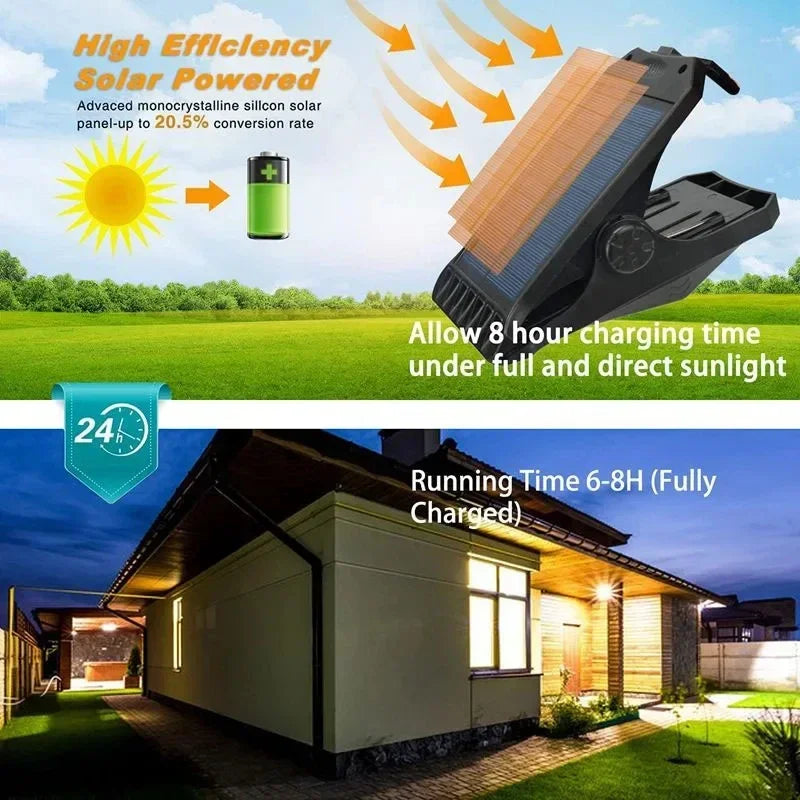 A solar powered outdoor light is shown charging under direct sunlight, with a house in the background.
