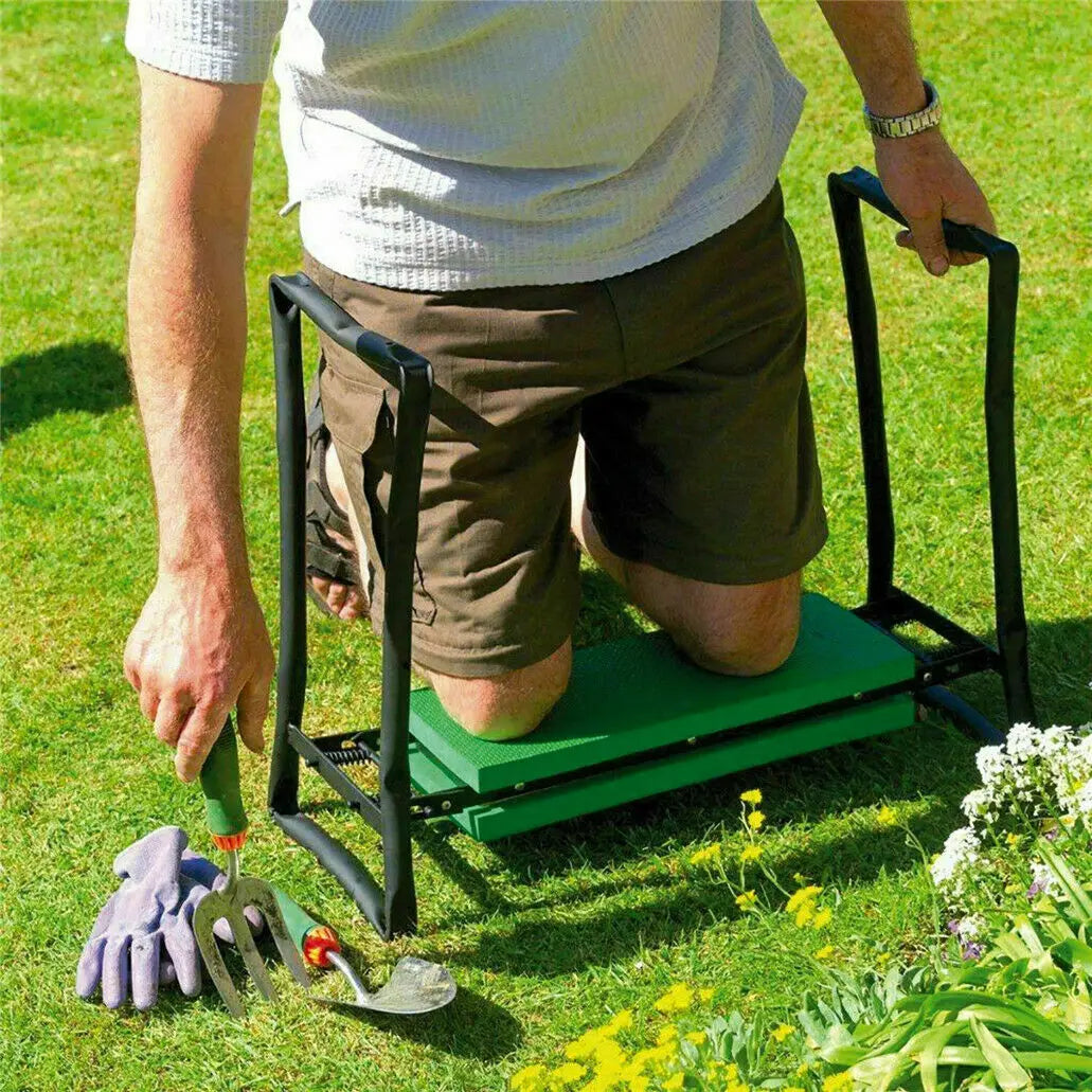 A person is using a heavy duty foldable garden kneeler seat with a tool pouch in a grassy yard.