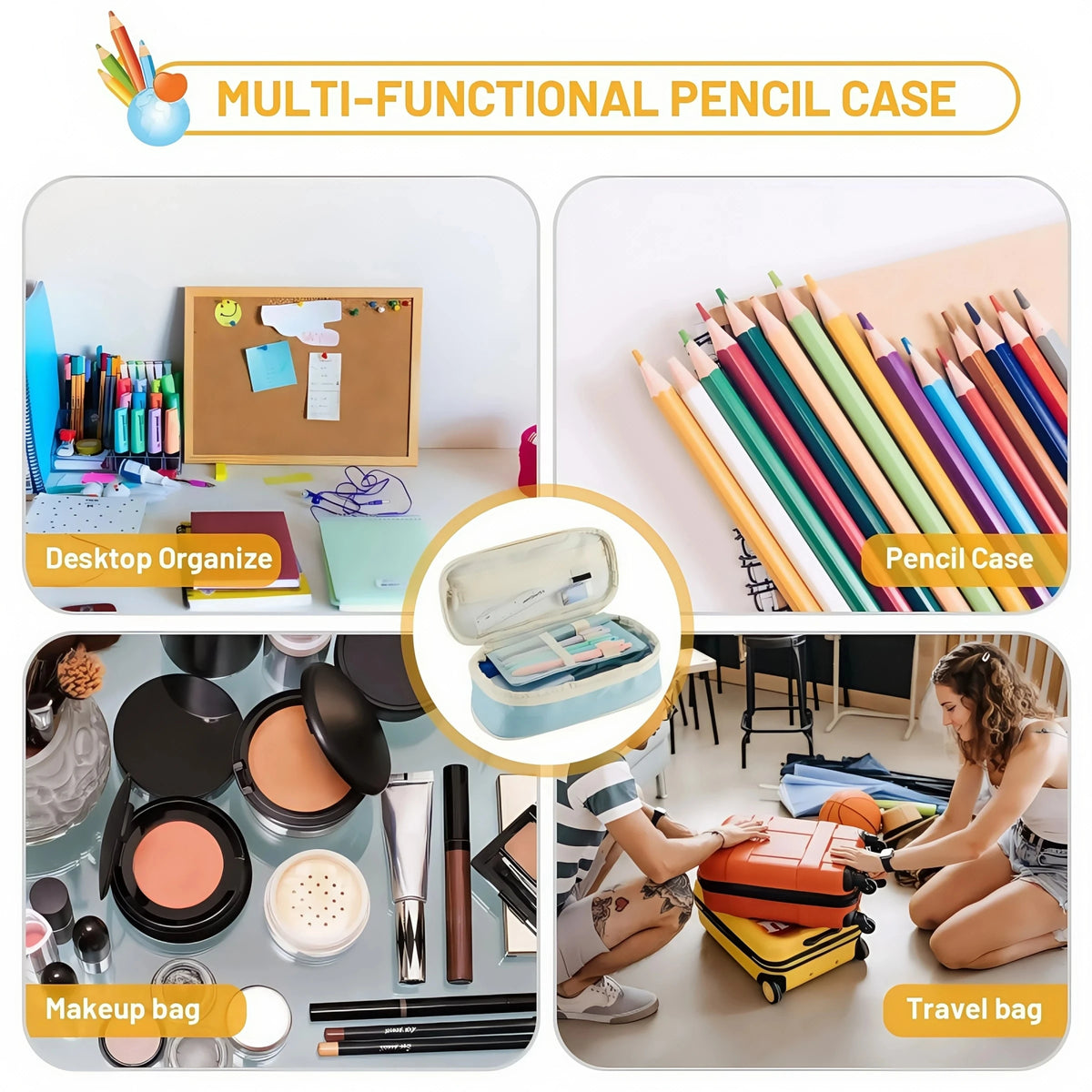 A multi-functional pencil case shown alongside makeup bags and a travel bag.