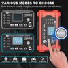 A hand interacts with a red battery charger displaying various modes for 12V cars and motorcycles.