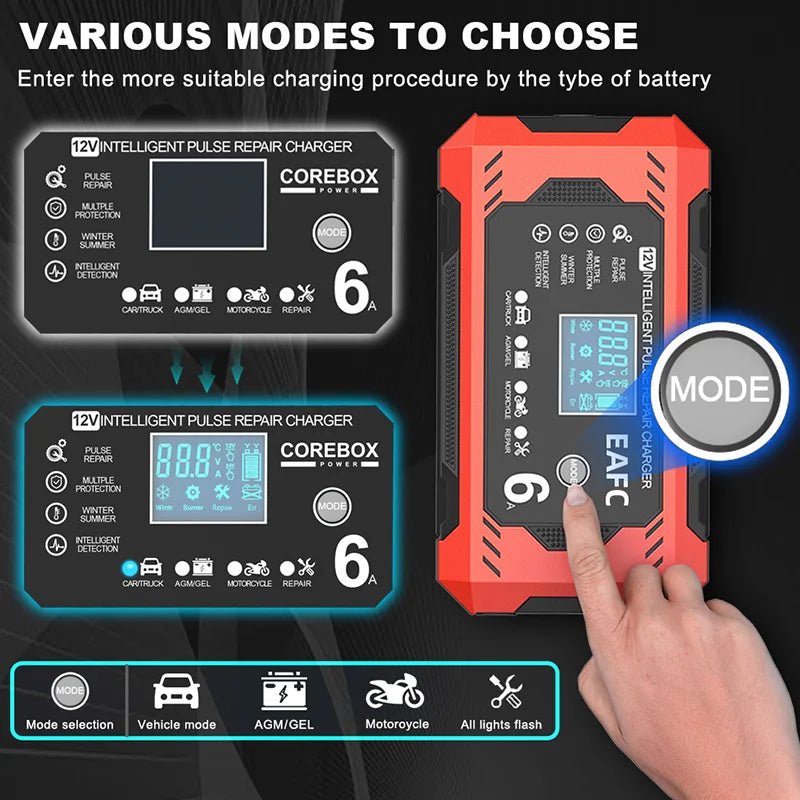 A hand interacts with a red battery charger displaying various modes for 12V cars and motorcycles.