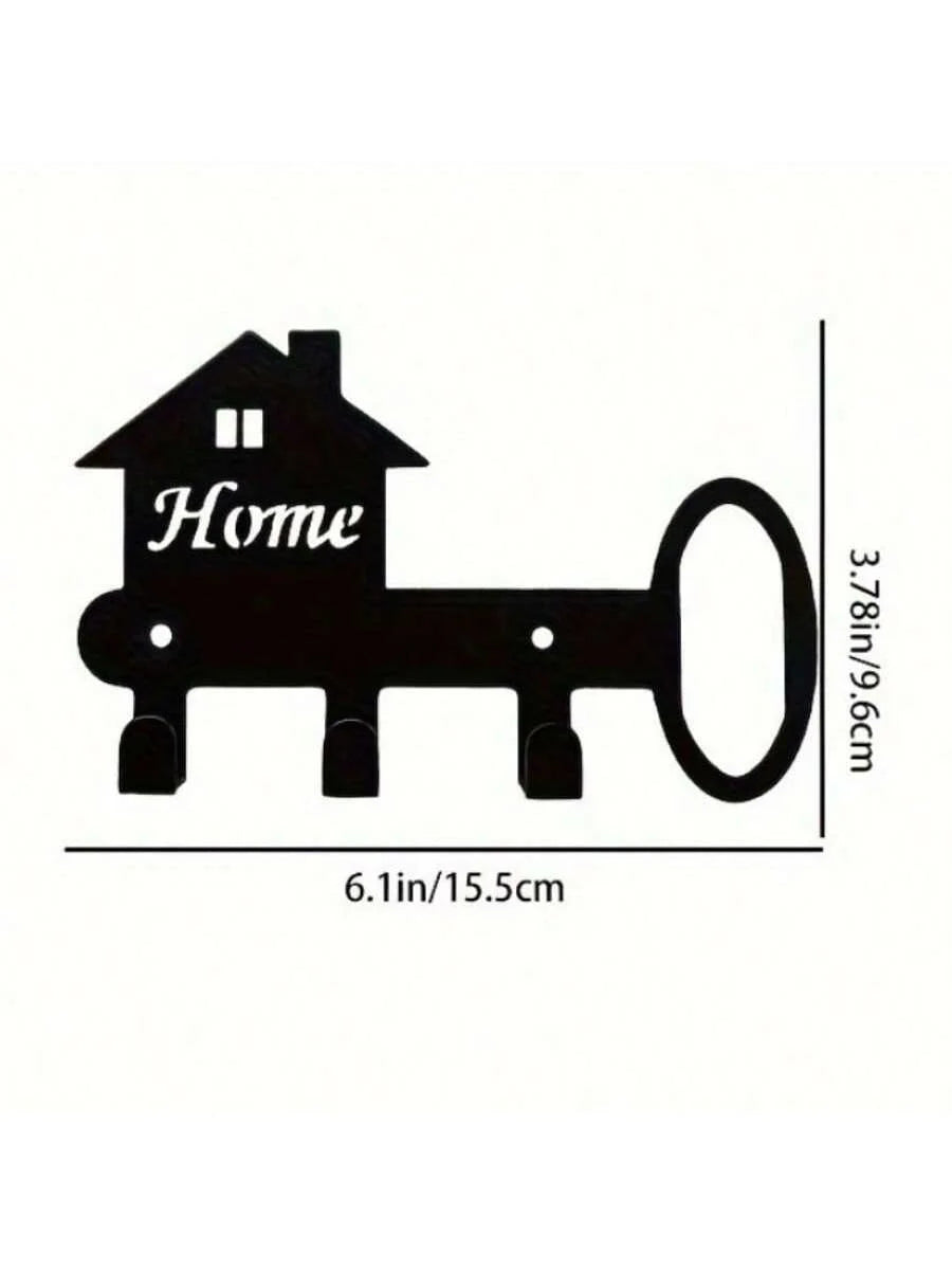 Black rustic iron wall hooks shaped like a house for organizing keys and coats