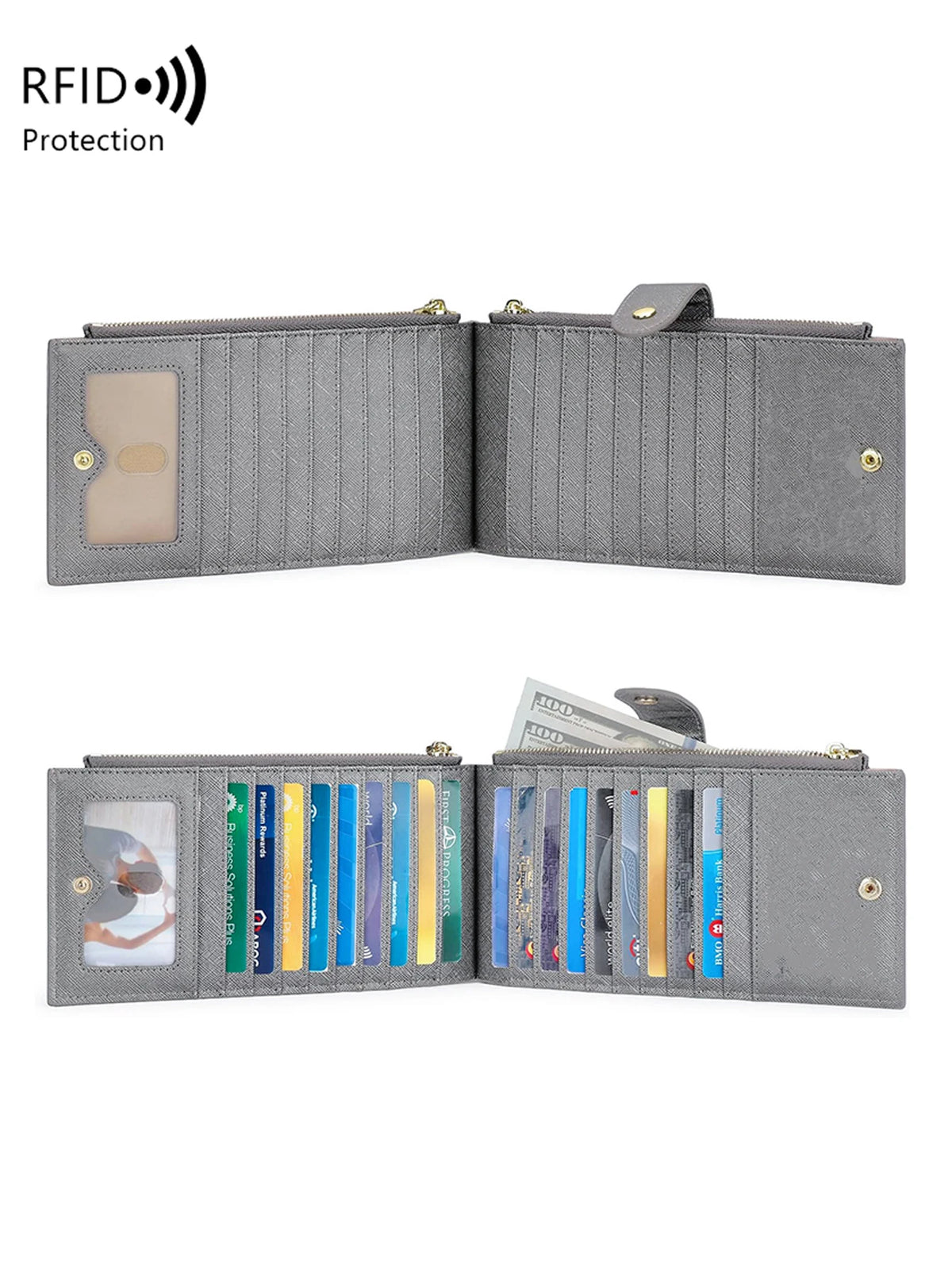 A gray RFID blocking extra-large bifold wallet with double zipper security shown open and closed.