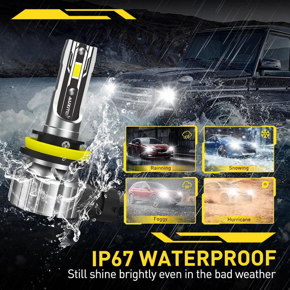 Nahaufnahme einer IP67 wasserdichten LED-Nebelscheinwerferglühbirnenbaugruppe, die von starkem Regen und Schnee besprüht wird