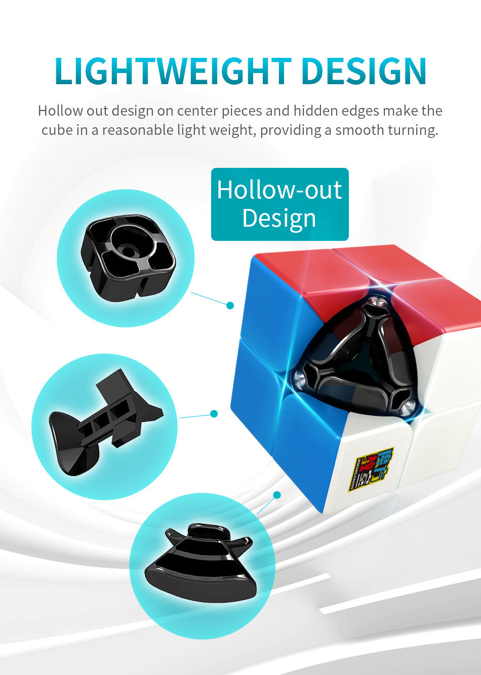 A light weight design cube with hollow-out features shown in various angles.