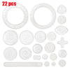 A collection of 22 clear plastic spirograph drawing pieces for creative art projects