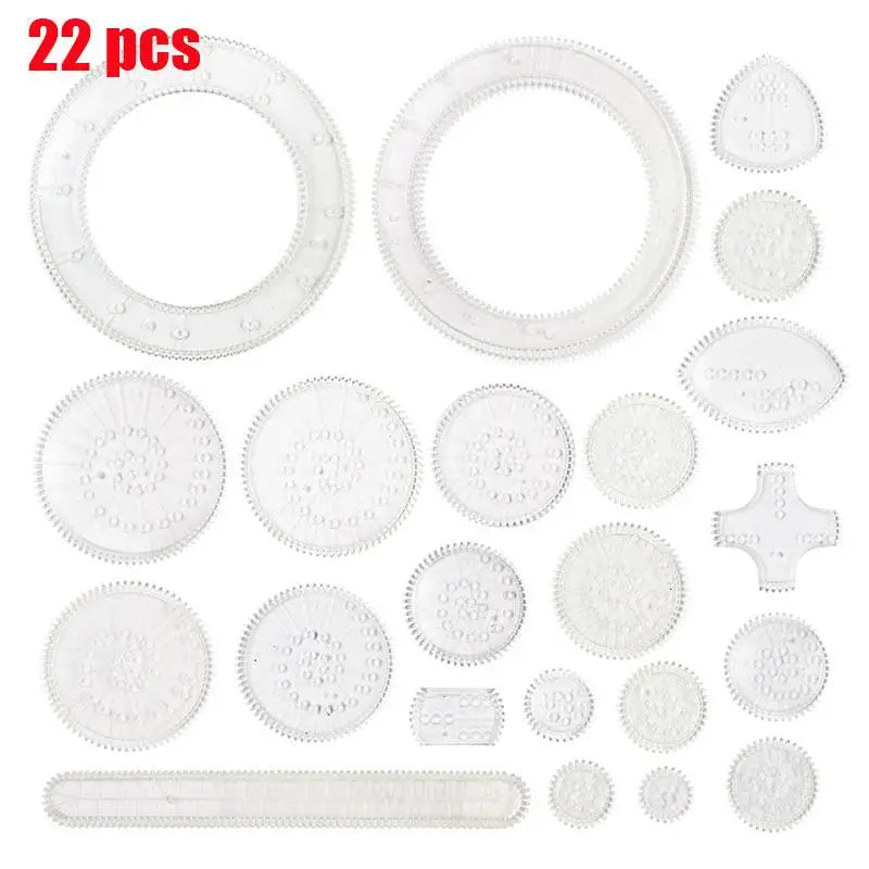 A collection of 22 clear plastic spirograph drawing pieces for creative art projects