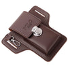 A brown PU leather waist bag with a flap closure and silver hardware for holding a phone and essentials.