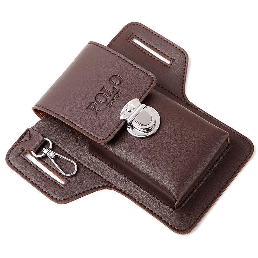 A brown PU leather waist bag with a flap closure and silver hardware for holding a phone and essentials.