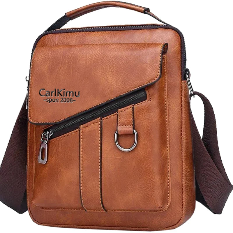 Sac bandoulière en cuir PU marron vintage avec fermeture éclair noire et sangle en cuir.