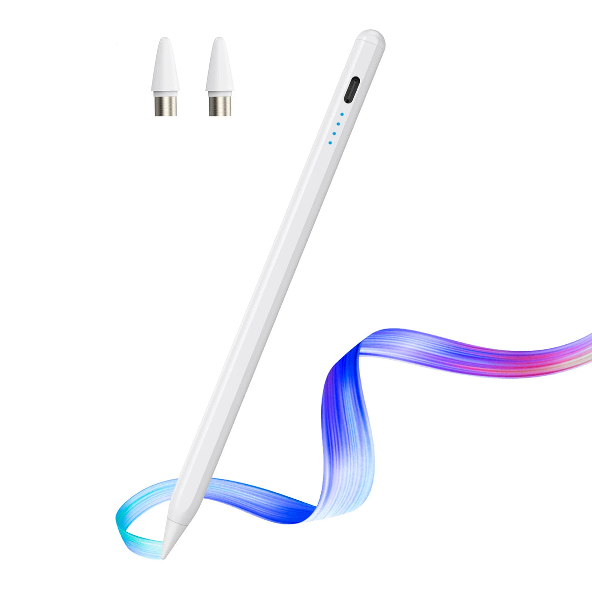 Pluma stylus blanca de precisión con punta flexible azul y púrpura junto a puntas de reemplazo.