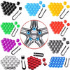A collection of 20 plastic and metal nut cap covers for car wheel hub bolts in various colors like black, blue, green, yellow