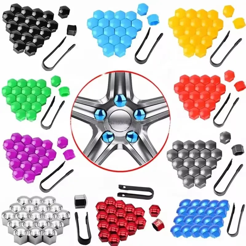 A collection of 20 plastic and metal nut cap covers for car wheel hub bolts in various colors like black, blue, green, yellow