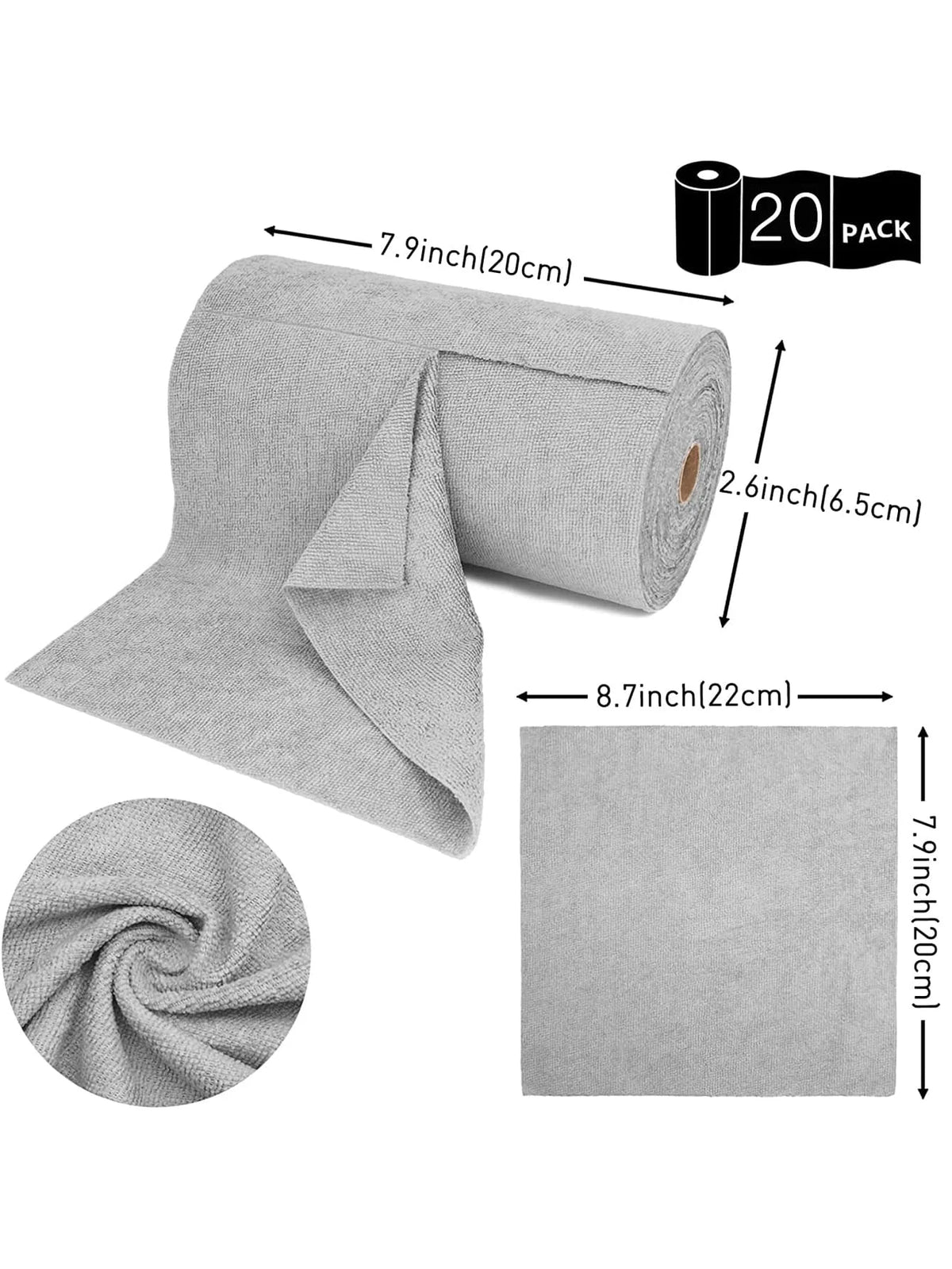 A roll of gray reusable ultra-fine fiber tear-off towel with dimensions and a coiled example.