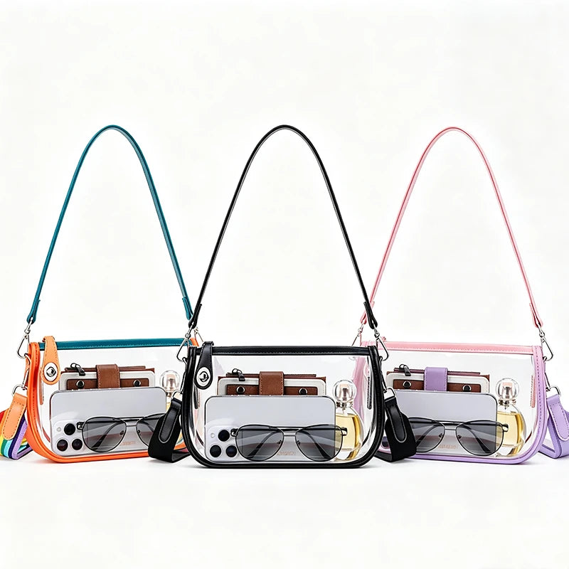 Three clear PVC shoulder bags in teal, black, and pink with adjustable straps.