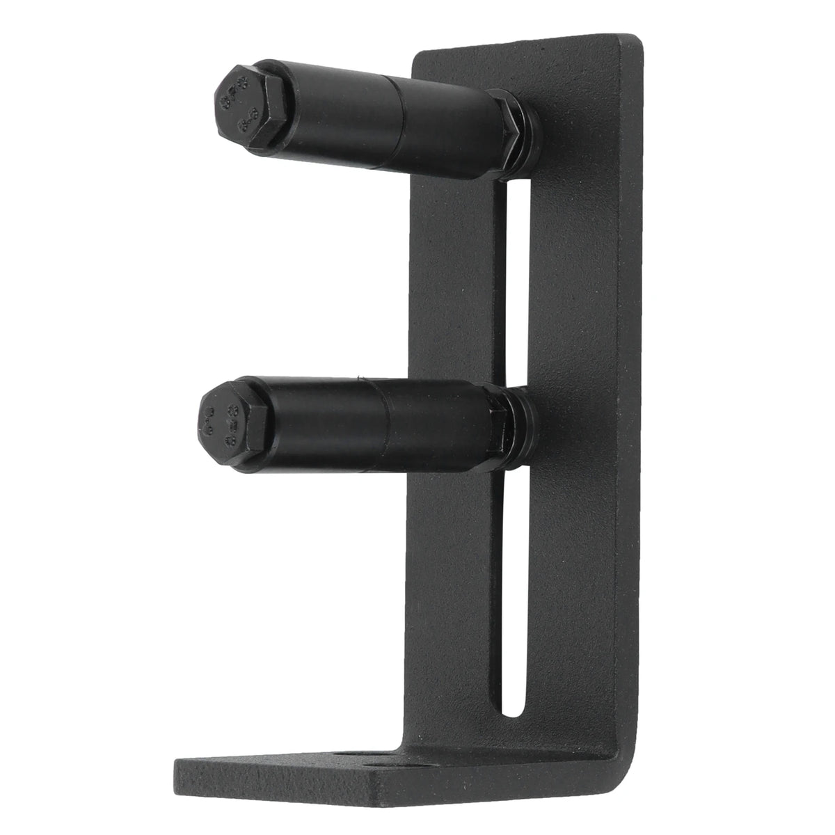 A black flush-mount carbon steel sliding door floor guide with two adjustable posts.