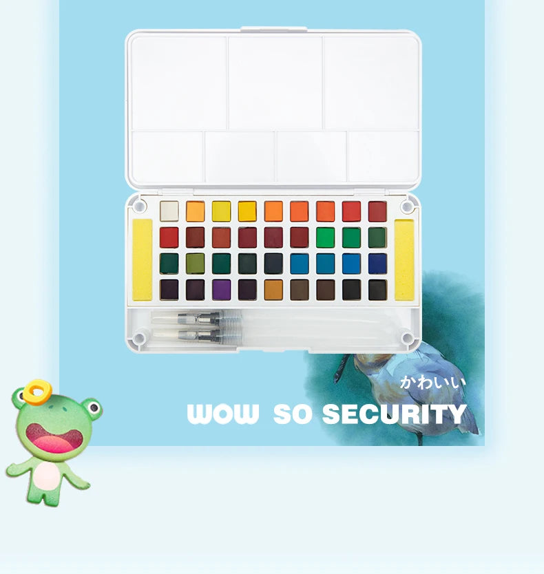A white paint set box with a lid open, displaying a grid of 12-48 watercolor paint colors and water brush pens.