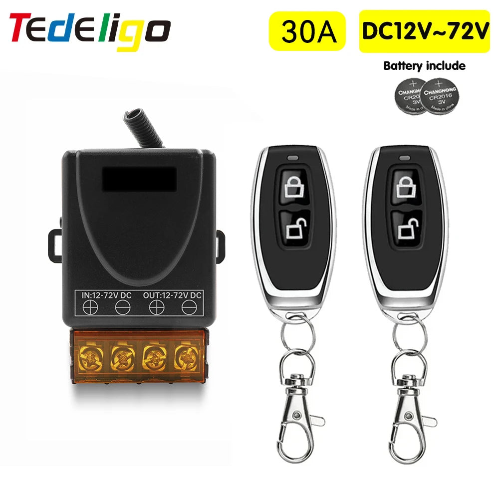 Black DC relay switch with battery included and a silver wireless remote control.