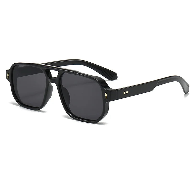 Black retro double-bridge square sunglasses with black frames and dark lenses