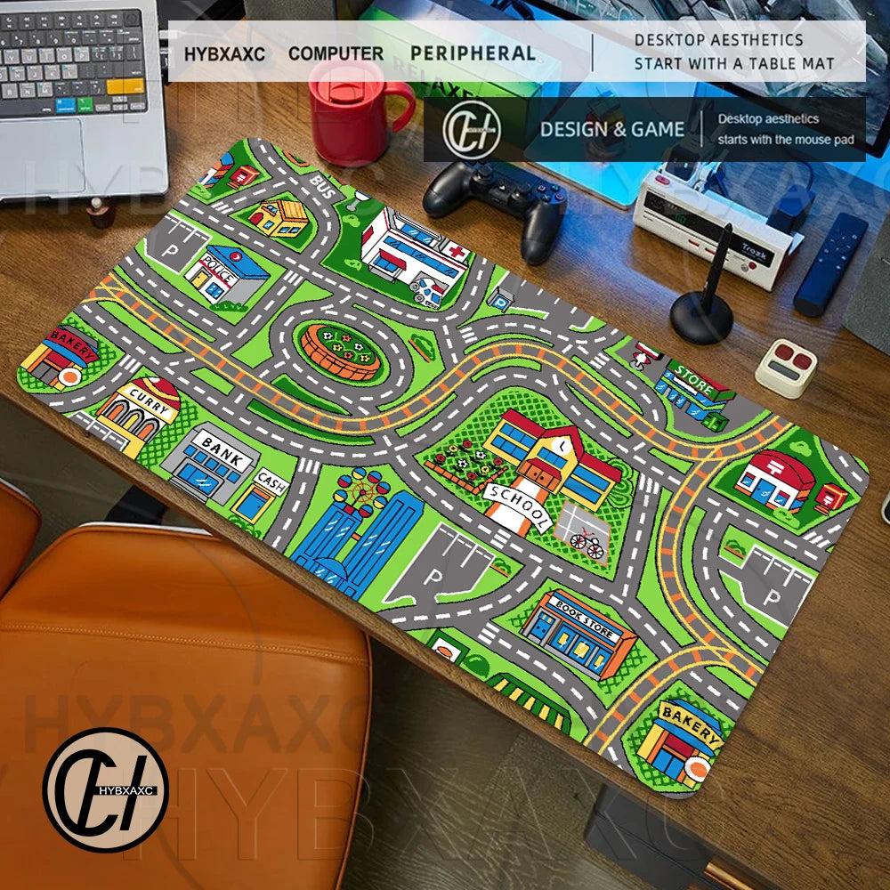 A large gaming mouse pad featuring a vintage city road design with buildings and roads.