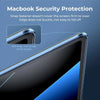 Close-up view of a MacBook screen protected by an ultra-slim matte protective case, highlighting security features.