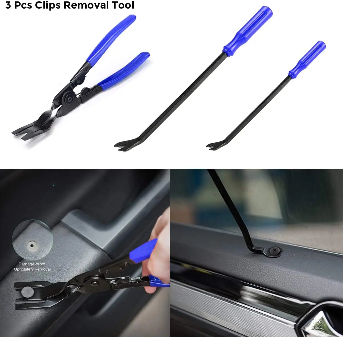 A set of three blue and black clips removal tools for car trim, shown in close-up against a dark surface.