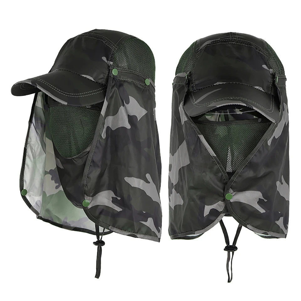A pair of black camouflage sun hats with wide brims and mesh ventilation.
