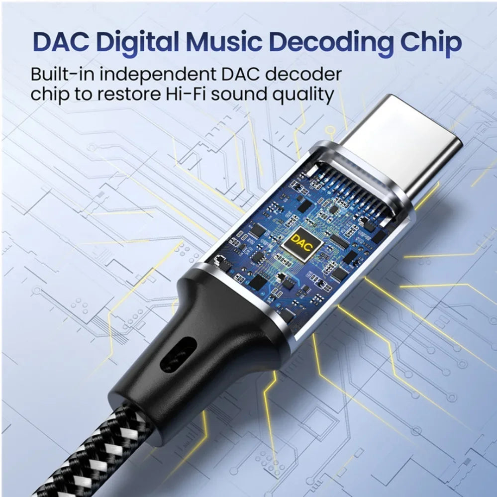 A silver USB-C to 3.5mm audio adapter featuring a built-in DAC chip, shown against a technical circuit board background.